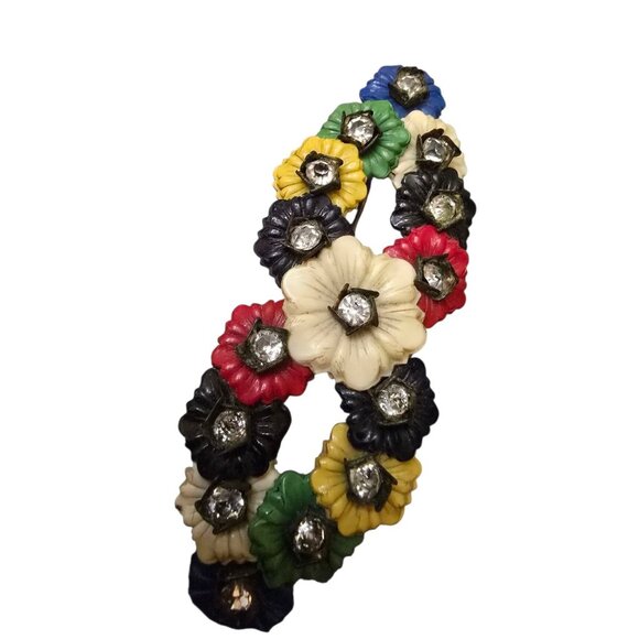 Antique Early Celluloid Flowers On Brass Backed Brooch (A8723) - Picture 3 of 5